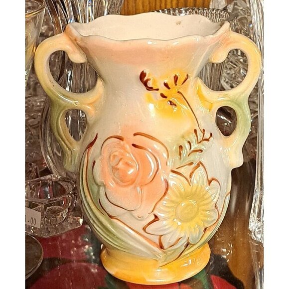 Lustreware Vase Ceramic Double Handles Roses Flowers Brazil Pink Yellow Green 6" - Picture 1 of 2